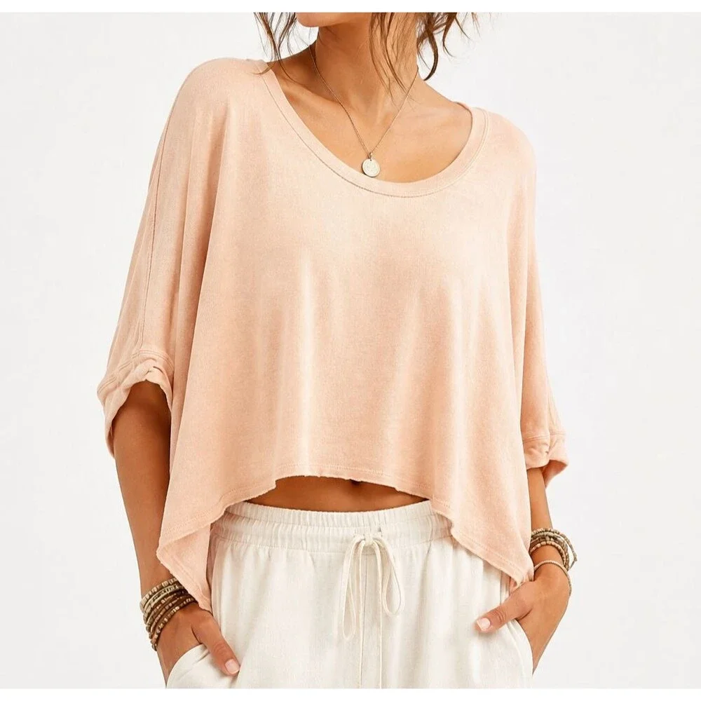 Free People We The Free Oversize Boxy Crop Tee Medium Peach Boho Artsy Casual